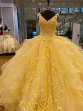 Vestido de quinceañera amarillo de corte A, tul y encaje, estilo baile, modelo Y4065