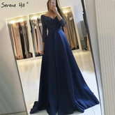 Robe de soirée bleu marine à col en V, en satin et cristal, manches longues, robe de soirée élégante, photo réelle, LA6158