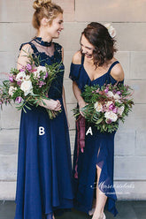 Vestidos de dama de honor de gasa azul marino, corte en A, escote en V, para bodas y fiestas.