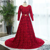 Robe de soirée rouge vin à col rond et manches longues en tulle, style vintage, avec petites fleurs, à la mode, 2025, HA2140