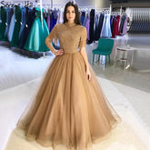 Sale Nude Crystall A-Line High Neck Tulle Evening Dresses 2025 Beading Tassel Formal Dress Design LA70490