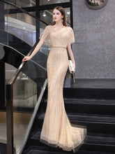 Women's Mermaid Evening Dress Long V-Neck Prom Dresses Beaded Formal Dresses