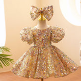 Vestido de fiesta de cumpleaños para bebé niña, de tul y lentejuelas color oro champán