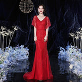 Women's V-Neck Evening Dress Sexy Prom Dresses Beaded Formal Dresses for Women