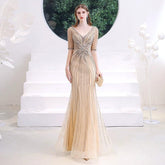 Women's Mermaid Evening Dress Long V-Neck Prom Dresses Beaded Formal Dresses