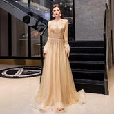 Women's Long Sleeve Prom Dresses Sexy A-Line Evening Dress Beaded Formal Dress for Women