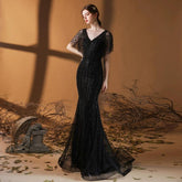 Robe de soirée sirène pour femme, col en V, robe de bal longue perlée