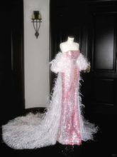 Vestido de noche de sirena con lentejuelas, plumas y escote palabra de honor rosa hada, con abertura, estilo sirena, modelo Y8660