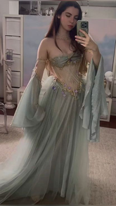 Elegante vestido de noche largo de corte A con apliques de tul y hombros descubiertos Y8184