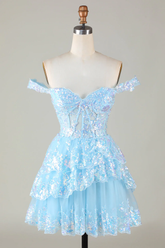 Robe de bal courte bleu pailleté à corset et dentelle à volants Y4083