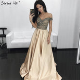 Robe de soirée trapèze sexy à épaules dénudées et perles, luxueuse, en satin et cristaux, 2025 LA6252