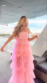 Robe de bal longue élégante en tulle rose à volants, robe de soirée rose Y2303