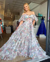 Elegante vestido largo de fiesta con flores y hombros descubiertos, de tul, modelo Y5889