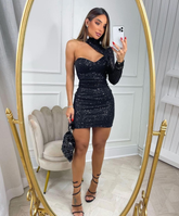 Cute One Sleeve Black Sequins Short Homecoming Dresses Y2576