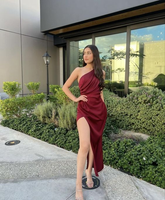 Vestido de fiesta burdeos de un solo hombro, vestido de noche de moda Y6247