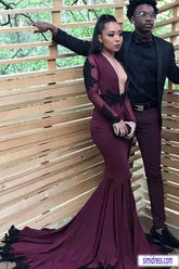 Magnifiques robes de bal sirène violettes à manches longues avec appliques noires