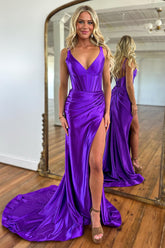 Vestido de fiesta largo de sirena con tirantes finos, corsé, de satén morado y abertura, con abertura.