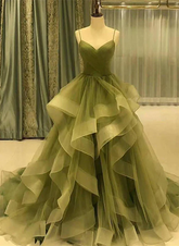 Robe de soirée longue en tulle vert à bretelles et décolleté cœur, robe de bal en tulle vert à plusieurs épaisseurs Y987