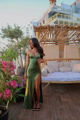 Vestido de fiesta verde sexy con tirantes finos y abertura larga Y7912