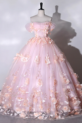 Vestidos de gala formales con escote corazón y flores rosas, vestidos largos rosas para quinceañeras Y6951