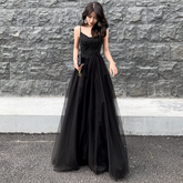 Black tulle beads long prom dress black evening dress Y1134