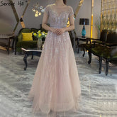 Pink A-Line Luxury Beading Sparkle Evening Dresses 2025 Dubai O-Neck Cap Sleeves Formal Dress LA70580