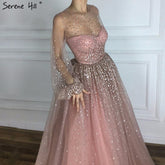 Robe de soirée trapèze sexy à manches longues et col rond en tulle rose pailleté, en solde, sans retour ni remboursement, photo réelle, LA6344