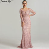 Robe de soirée sirène rose à manches longues et perles, tenue de soirée élégante et sexy, grande taille, LA6274, en solde, sans retour ni remboursement, 2025