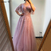 Pink Short Sleeve Sexy A-Line Formal Dresses Design 2025 Sparkle Beading Sequined Evening Gowns Real Photo LA70075