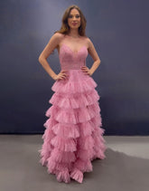 Pink A Line Spaghetti Straps Open Back Tiered Long Prom Dress