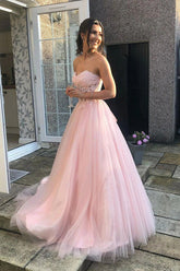 Tulle Lace A-line Sweetheart Prom Dresses, Long Formal Dresses
