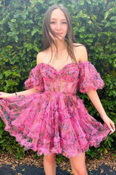 Precioso vestido de princesa corte en A con mangas abullonadas color fucsia para baile de bienvenida PD532