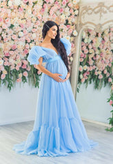 Vestidos de maternidad de tul azul abullonado para sesión de fotos