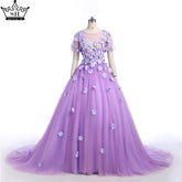 Sale Purple Flowers Beading Short Sleeves Tulle Wedding Dresses O-Neck Photography Bride Gown 2025 HA2025