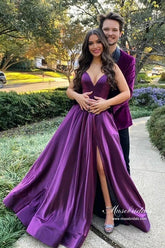 Robe de bal longue violette en satin, coupe trapèze, dos nu et fente, robe de soirée