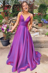 Robe de bal violette en satin, coupe trapèze, bretelles spaghetti et poches, robe de soirée