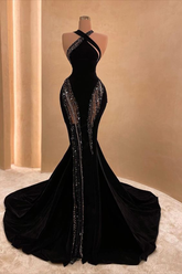 Robe de bal longue sirène noire sexy avec traîne, robe de soirée noire chic Y4178