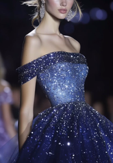 Ombre Blue Satin Sequins Ball Gown,Off The Shoulder A Line Prom Dress Evening Gown Y8337