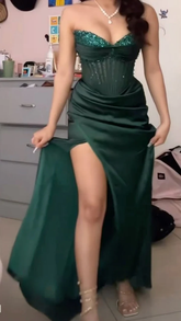 Vintage Green Strapless Prom Dress Long Formal Evening Dress Y8496