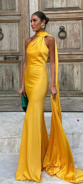 Yellow Satin Backless Off-Shoulder Long Prom Dress Evening Dress Y8466