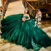 Vestido de quinceañera verde oscuro, vestido de 16 años, vestido de lentejuelas y cuentas, vestido de baile Y3030
