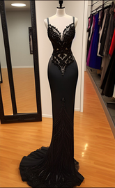Robe de soirée noire sexy à fines bretelles, robe de cérémonie noire Y4390