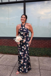 Pretty Halter Navy Blue Satin Print Long Prom Dress Evening Dress Y8453