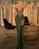 Robe de bal sirène verte fendue jusqu'à la cuisse, robe de soirée à sequins Y177