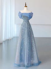 Vestido de noche azul de tul con lentejuelas, hombros descubiertos, pliegues, corte en A, estilo vestido de graduación Y8041