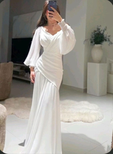 Robe de soirée longue blanche sirène modeste à manches bouffantes Y4074