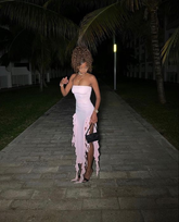 Vestido de noche rosa sin tirantes con volantes para mujer, sexy, ajustado, con flecos, elegante, sin mangas, espalda descubierta, ideal para fiestas, clubes y vacaciones (Y6438)