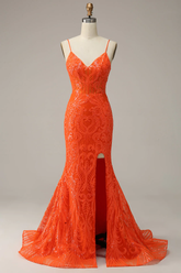 Robe de bal sirène orange à fines bretelles, robe de soirée charmante Y1760