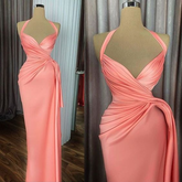 Peach Prom Dress Pleats Prom Dress Halter Prom Dress Satin Evening Dress Y6619