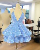 Vestido corto de fiesta con lentejuelas azules, vestido de bienvenida Y1408